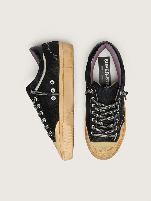 Women's Super-Star LAB in black laminated suede and nylon with raised star and laces with crystals