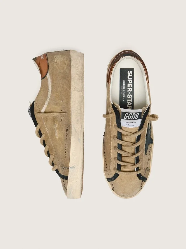 Women's Super-Star LTD in beige canvas with black leather star