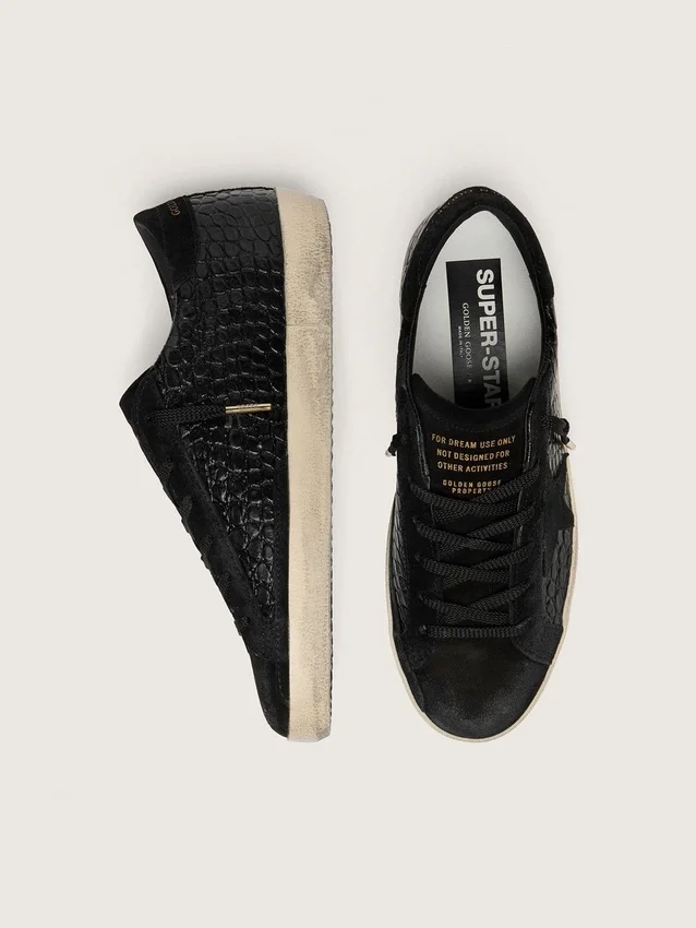 Women's Super-Star LTD in black croc-print leather with black suede star and heel tab