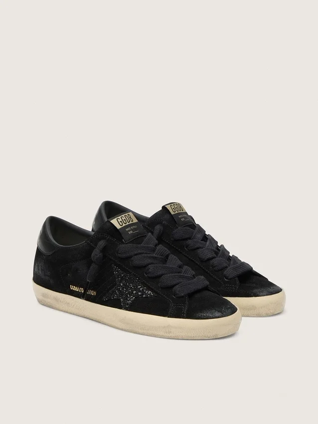 Women's Super-Star LTD in black suede with black glitter star and black leather heel tab