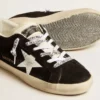 Women's Super-Star LTD in black suede with white printed star and silver glitter heel tab