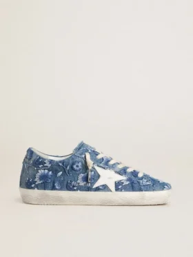 Women's Super-Star LTD in light blue denim with a white leather star and embroidered flowers