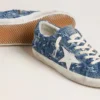 Women's Super-Star LTD in light blue denim with a white leather star and embroidered flowers