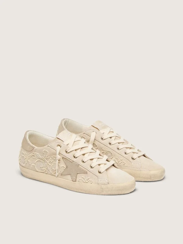 Women's Super-Star LTD in pearl suede with gold star and bead embroidery