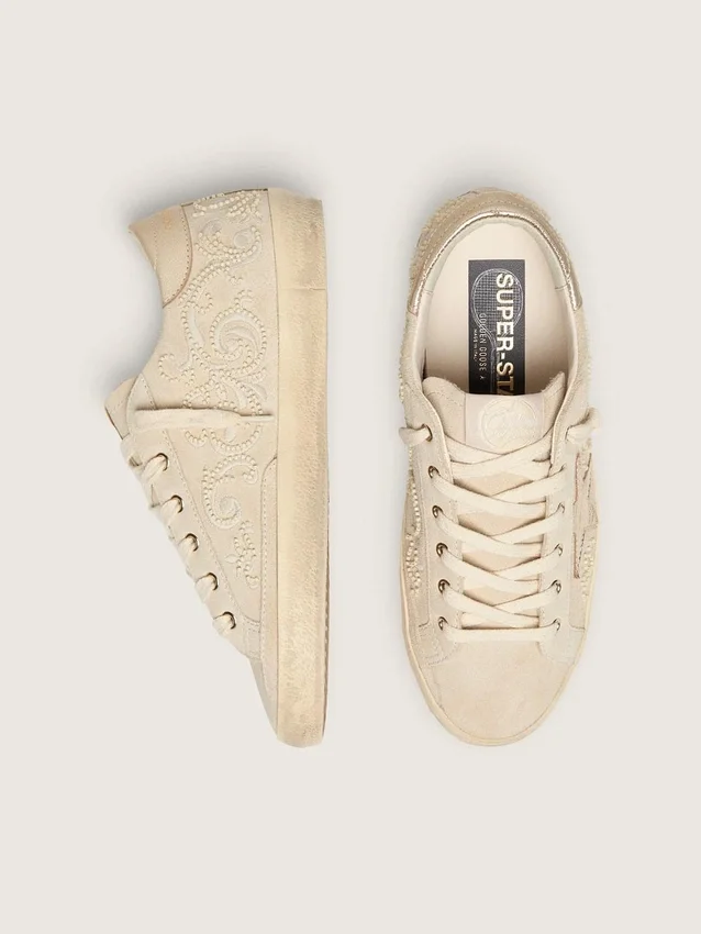 Women's Super-Star LTD in pearl suede with gold star and bead embroidery