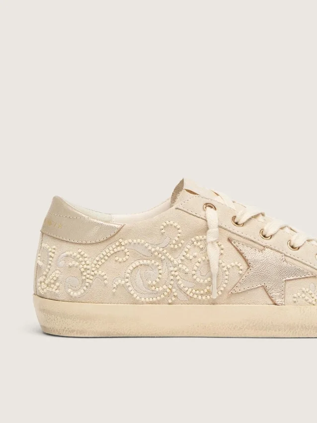 Women's Super-Star LTD in pearl suede with gold star and bead embroidery