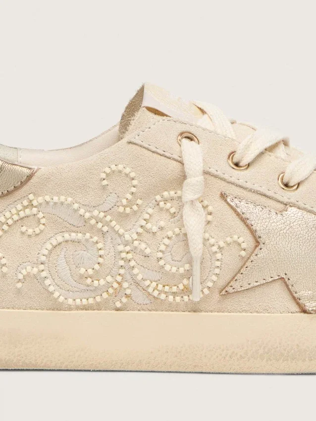 Women's Super-Star LTD in pearl suede with gold star and bead embroidery