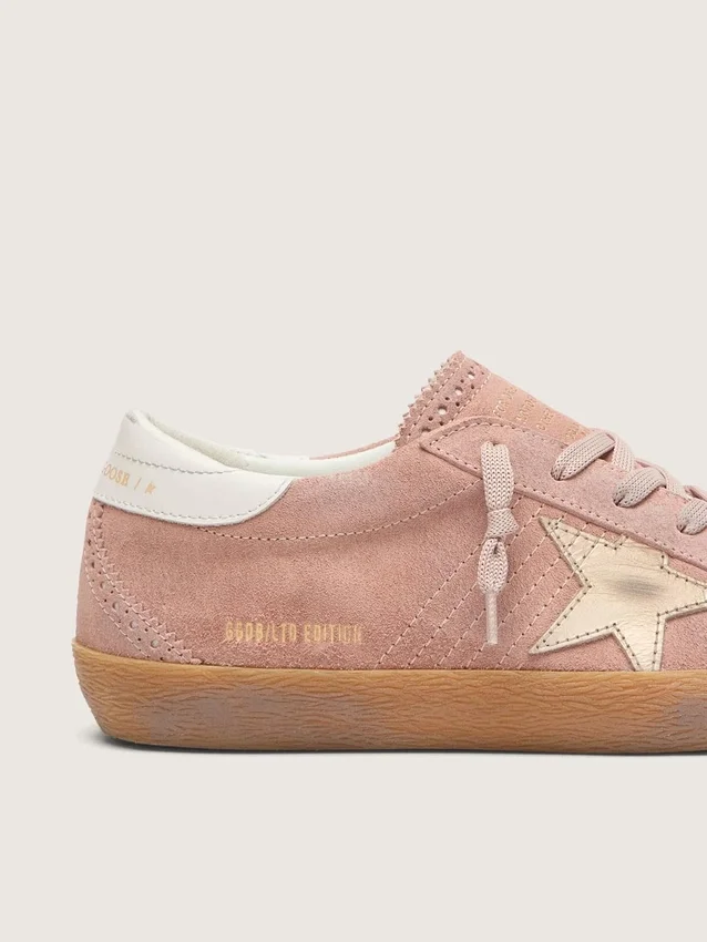 Women’s Super-Star LTD in pink suede with platinum metallic leather star