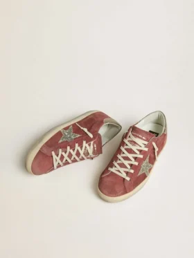 Women’s Super-Star LTD in red suede with silver glitter star and laminated leather heel tab