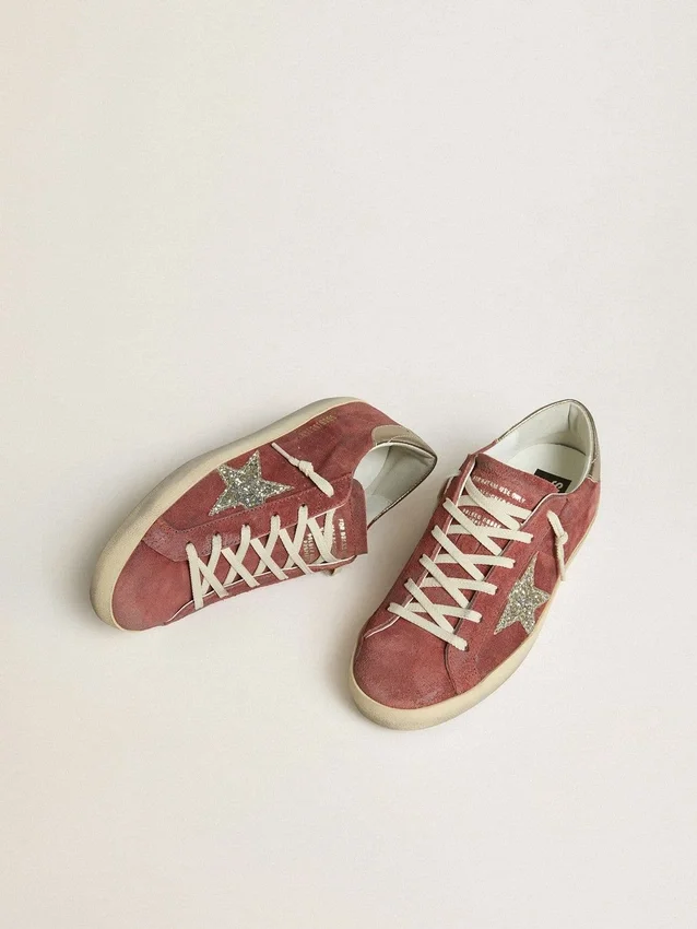 Women's Super-Star LTD in red suede with silver glitter star and laminated leather heel tab