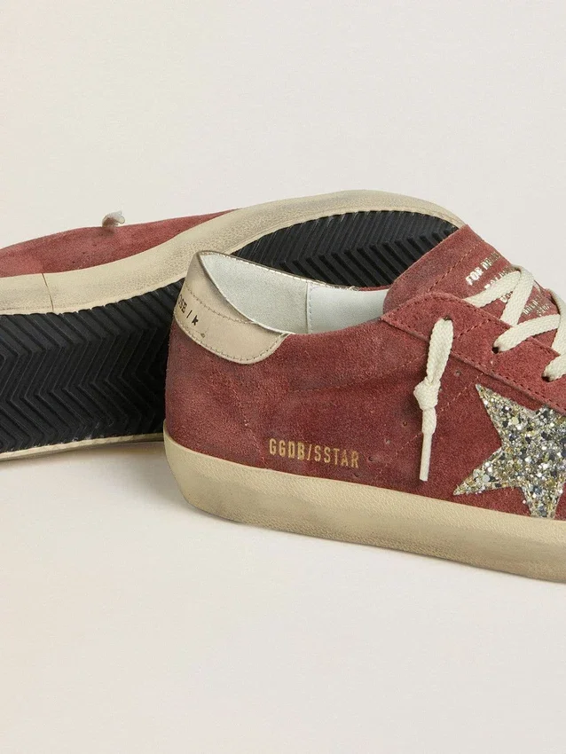 Women's Super-Star LTD in red suede with silver glitter star and laminated leather heel tab