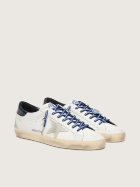 Women’s Super-Star LTD in white leather with suede star and blue leather heel tab