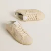 Women's Super-Star Sabot in beige canvas with embroidered beads and beige suede star