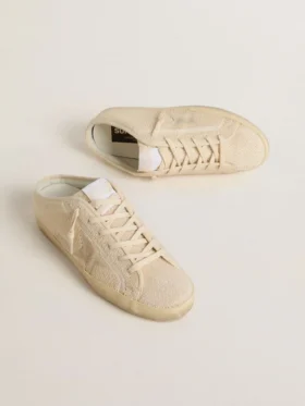 Women’s Super-Star Sabot in beige canvas with embroidered beads and beige suede star