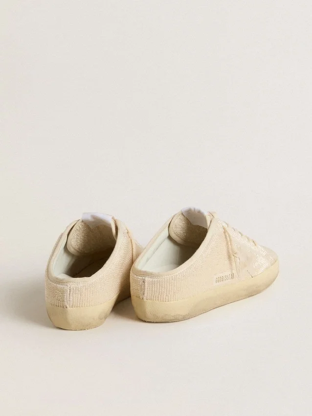Women's Super-Star Sabot in beige canvas with embroidered beads and beige suede star