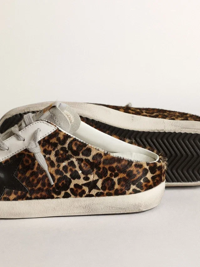 Women's Super-Star Sabot in leopard print pony skin with black star