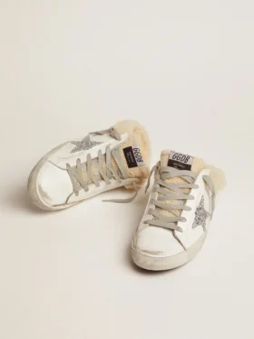 Women’s Super-Star Sabot in white leather and shearling lining