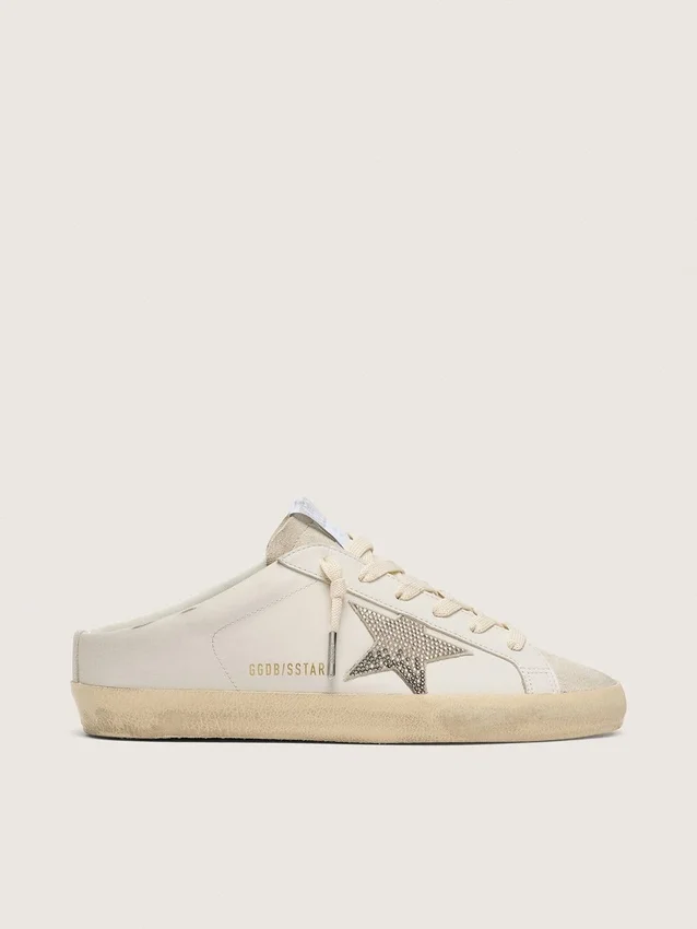 Women's Super-Star Sabots in white leather with Swarovski star