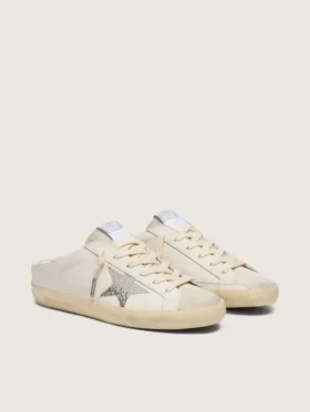 Women’s Super-Star Sabots in white leather with Swarovski star