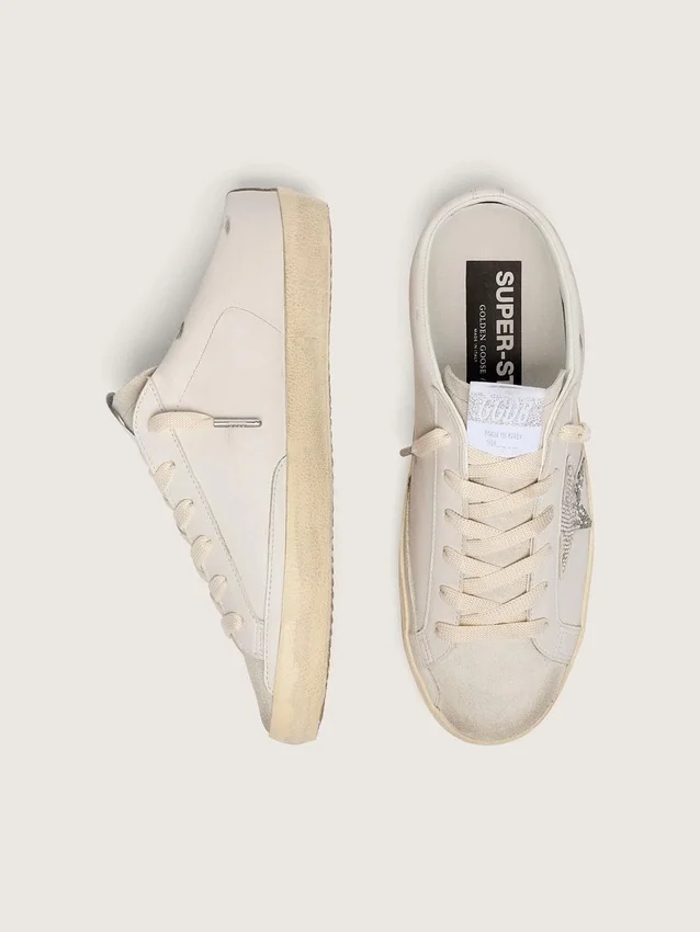 Women's Super-Star Sabots in white leather with Swarovski star