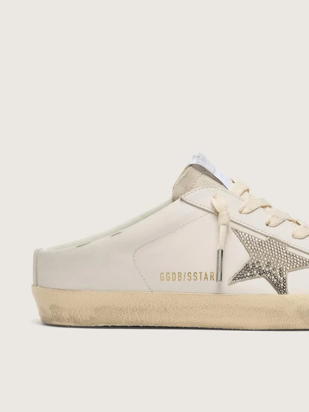 Women's Super-Star Sabots in white leather with Swarovski star