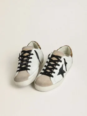 Women’s Super-Star with black glitter star and leopard-print pony skin heel tab