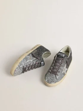 Women’s Super Star with glitter upper and silver metallic leather star