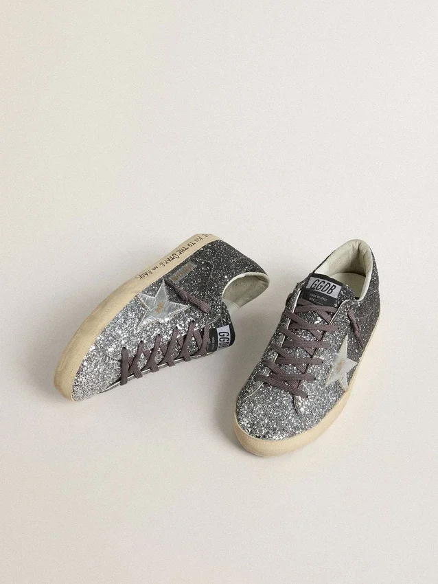 Women's Super Star with glitter upper and silver metallic leather star
