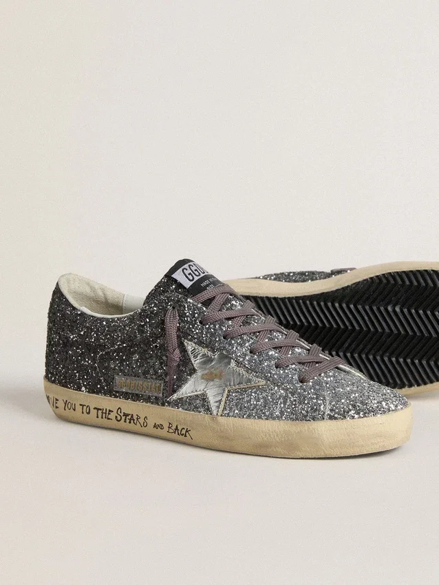 Women's Super Star with glitter upper and silver metallic leather star