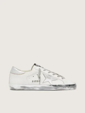 Women's Super-Star with silver sparkle foxing and metal stud lettering