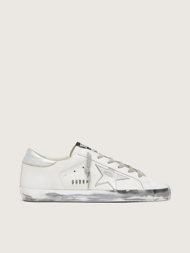 Women's Super-Star with silver sparkle foxing and metal stud lettering