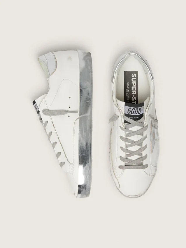 Women's Super-Star with silver sparkle foxing and metal stud lettering