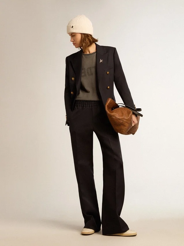 Women’s sweatpants in dark blue wool gabardine