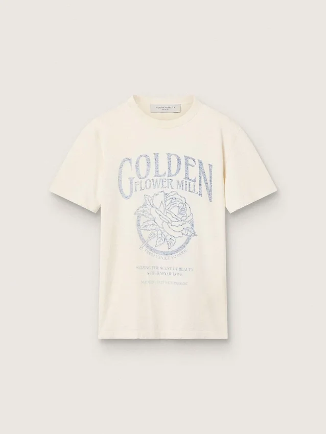 Women’s T-shirt in aged white cotton with vintage print