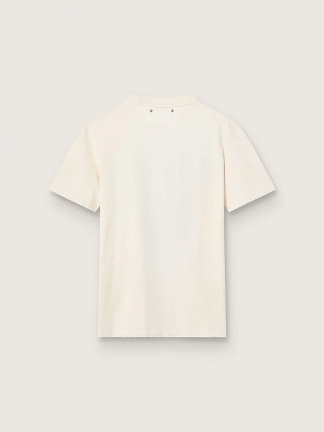 Women’s T-shirt in aged white cotton with vintage print