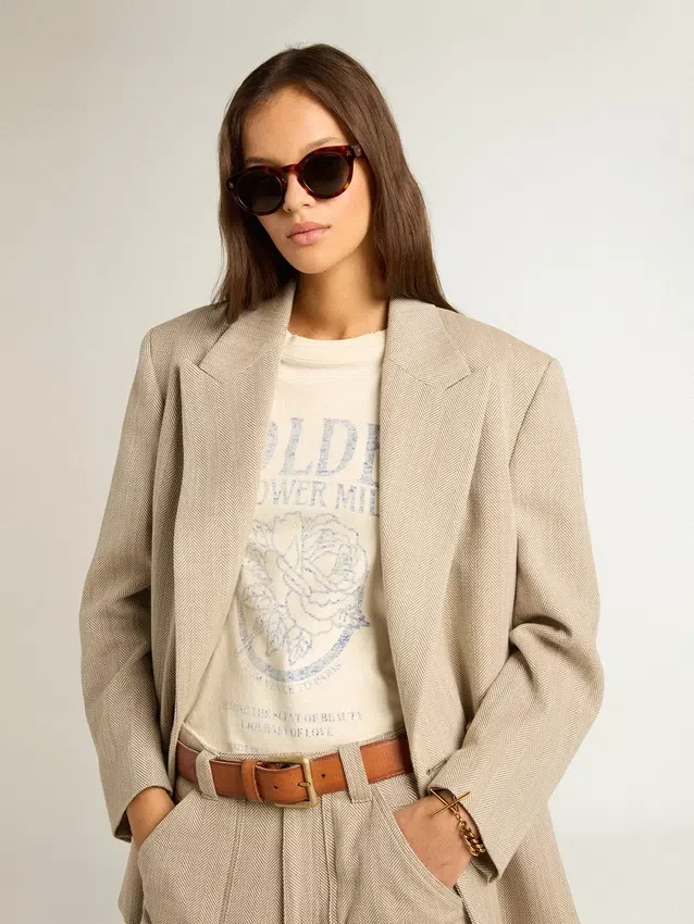 Women’s T-shirt in aged white cotton with vintage print