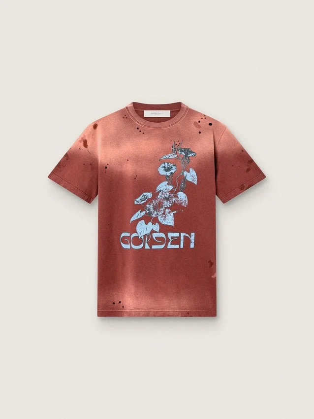 Women’s T-shirt in rust-colored cotton jersey with floral print
