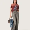 Women’s T-shirt in rust-colored cotton jersey with floral print