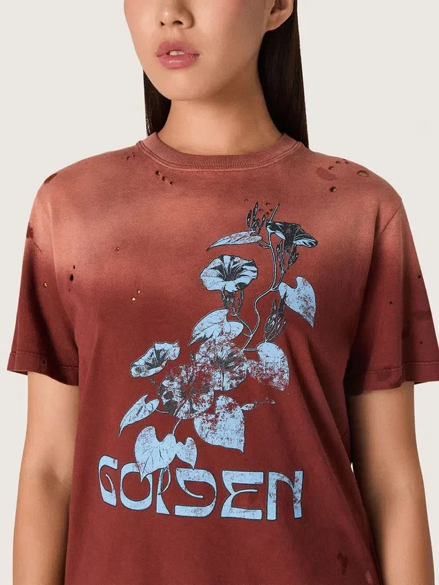 Women’s T-shirt in rust-colored cotton jersey with floral print