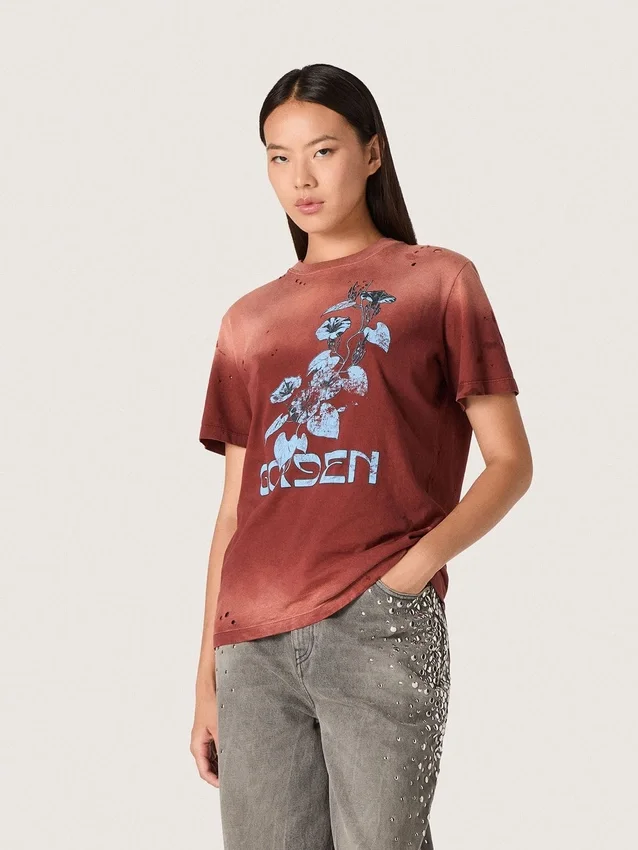 Women’s T-shirt in rust-colored cotton jersey with floral print