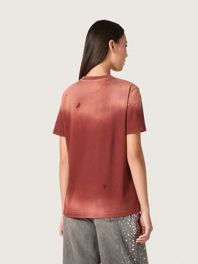 Women’s T-shirt in rust-colored cotton jersey with floral print