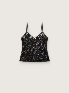 Women’s top in black tulle with floral pattern in black sequins