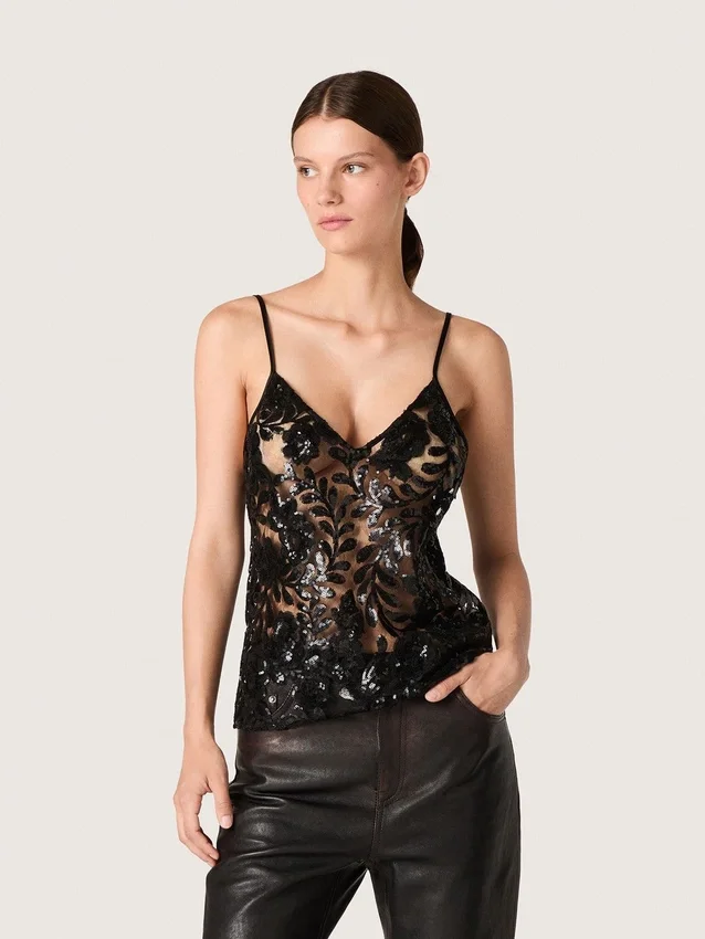 Women's top in black tulle with floral pattern in black sequins