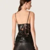Women's top in black tulle with floral pattern in black sequins