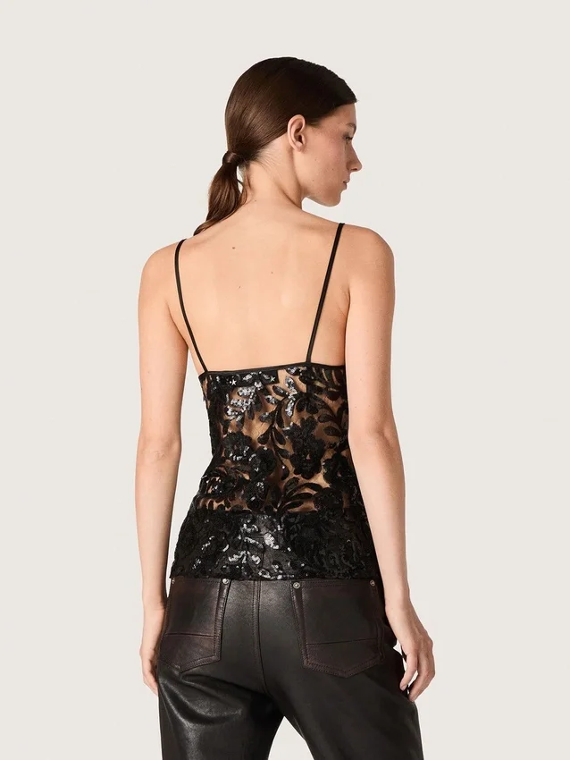 Women's top in black tulle with floral pattern in black sequins