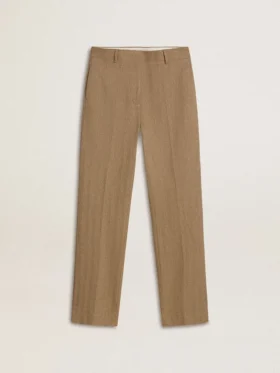 Women's trousers in a sand-colored herringbone linen blend