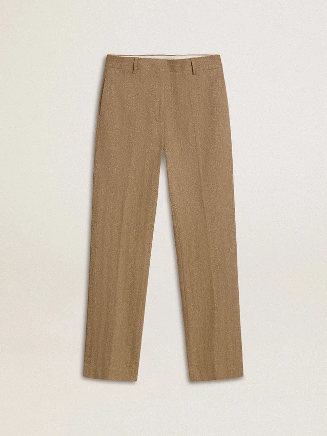 Women's trousers in a sand-colored herringbone linen blend