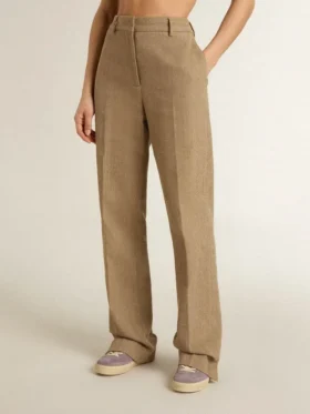Women’s trousers in a sand-colored herringbone linen blend