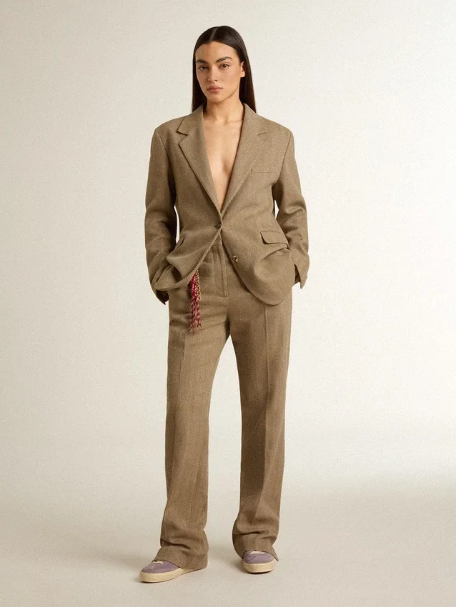 Women's trousers in a sand-colored herringbone linen blend