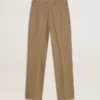 Women's trousers in a sand-colored herringbone linen blend
